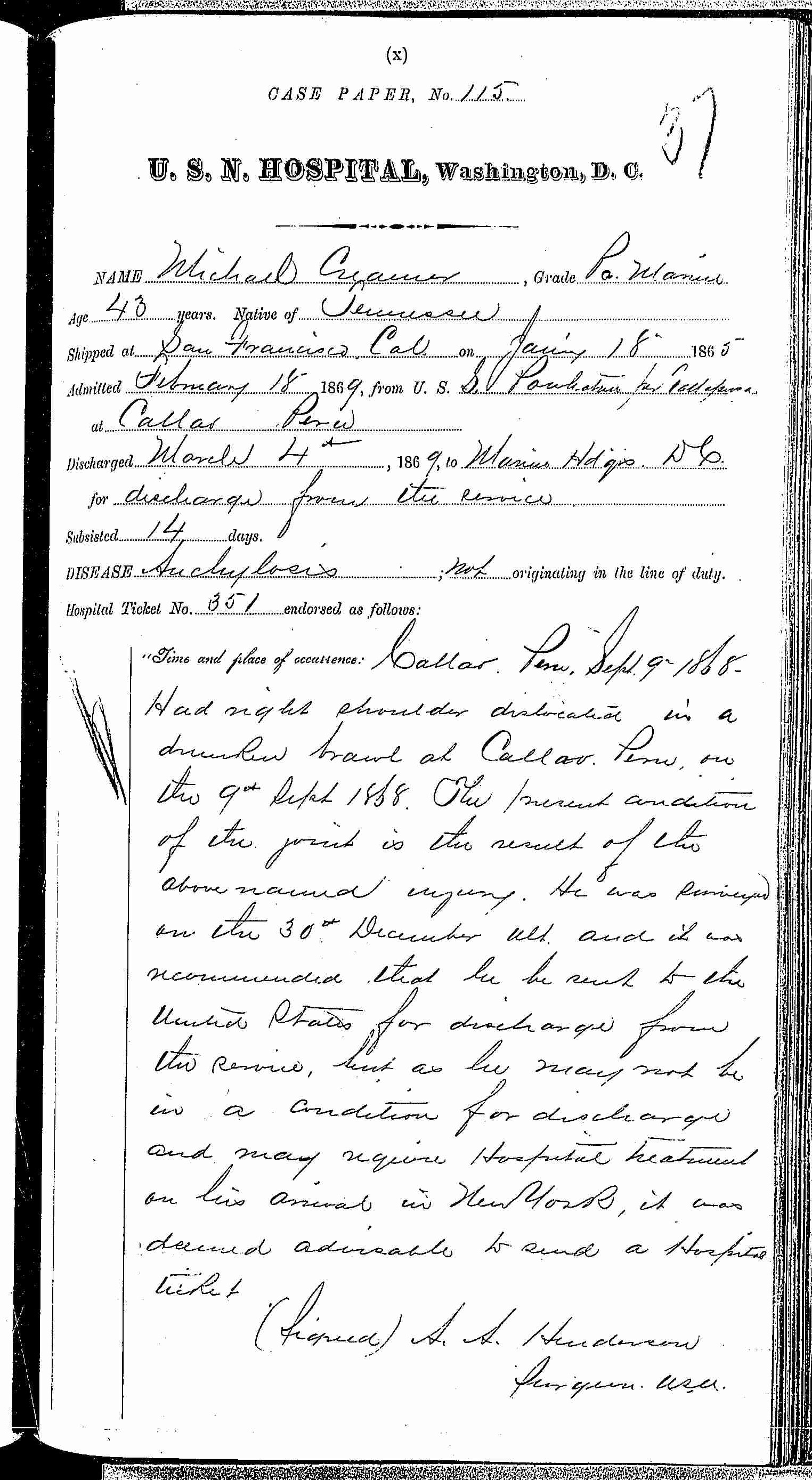 Entry for Michael Craemer (page 1 of 2) in the log Hospital Tickets and Case Papers - Naval Hospital - Washington, D.C. - 1868-69