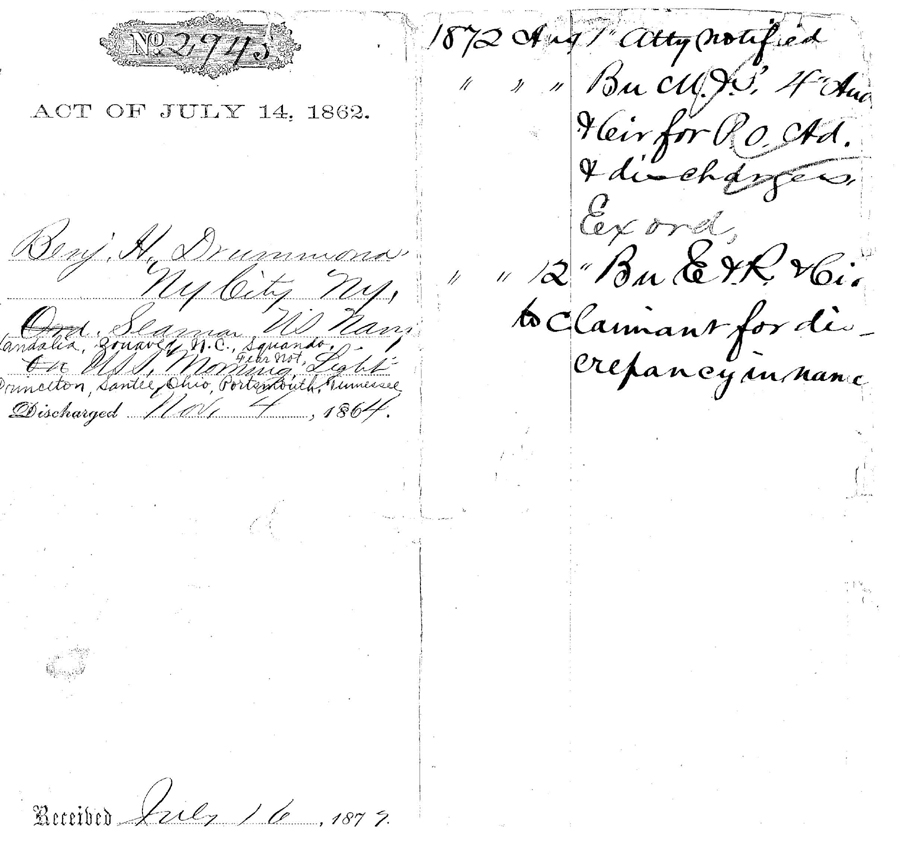 Pension Form No. 2943, filed July 16, 1872, showing some of the issues in the processing of 
the application for a pension by Benjamin Drummond. This is a digital copy of the original 
record held by the National Archives.