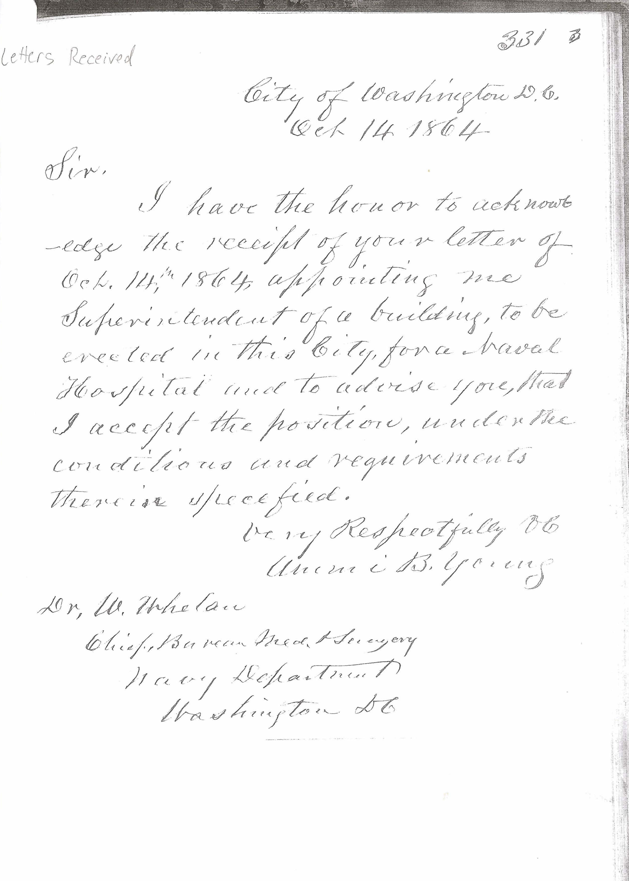 Letter of Ammi B. Young accepting appointment as Superintendent of Construction, October 14, 1864