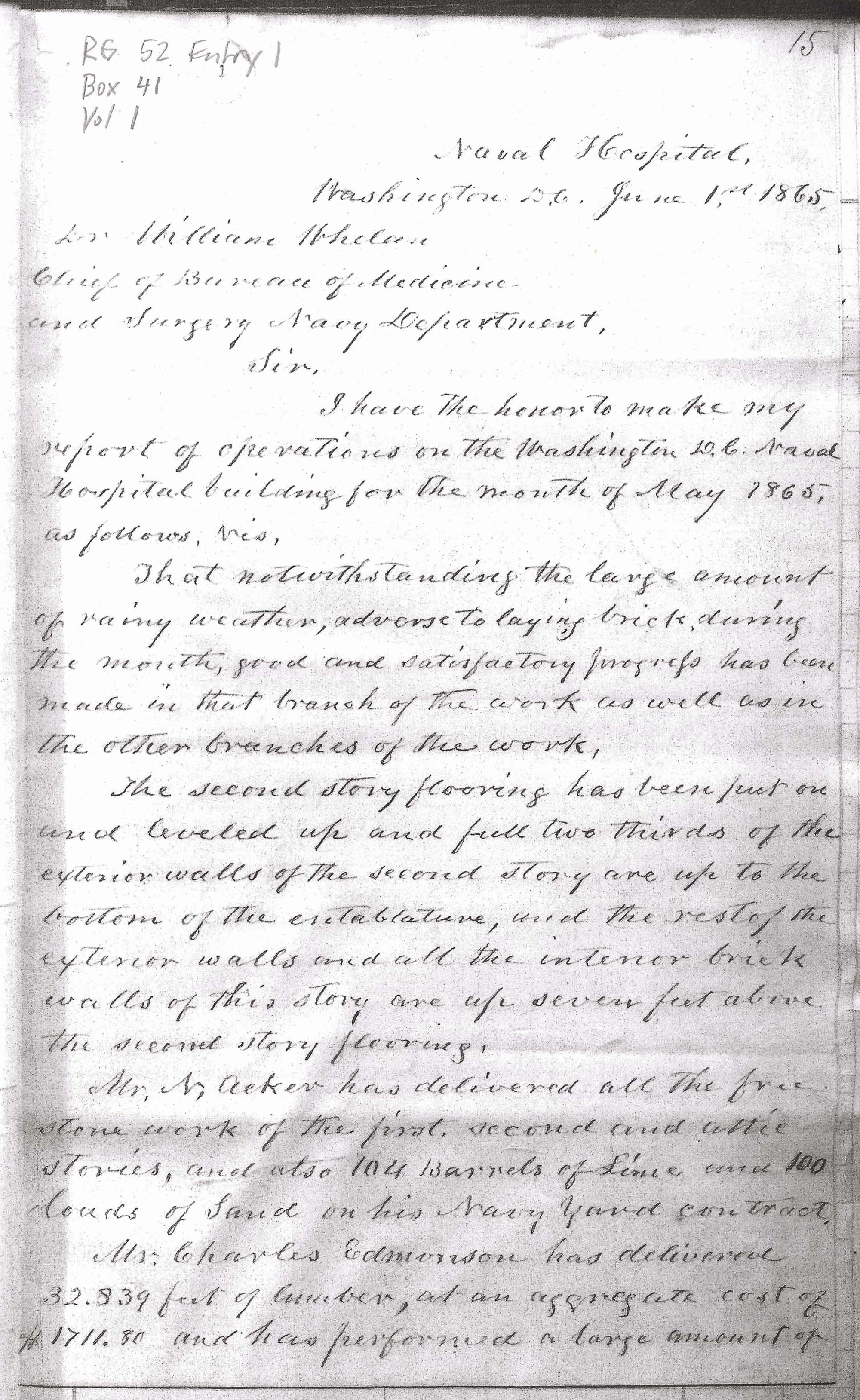 Monthly Report of the Superintendent of Construction, June 1, 1865, Page 1 of 2