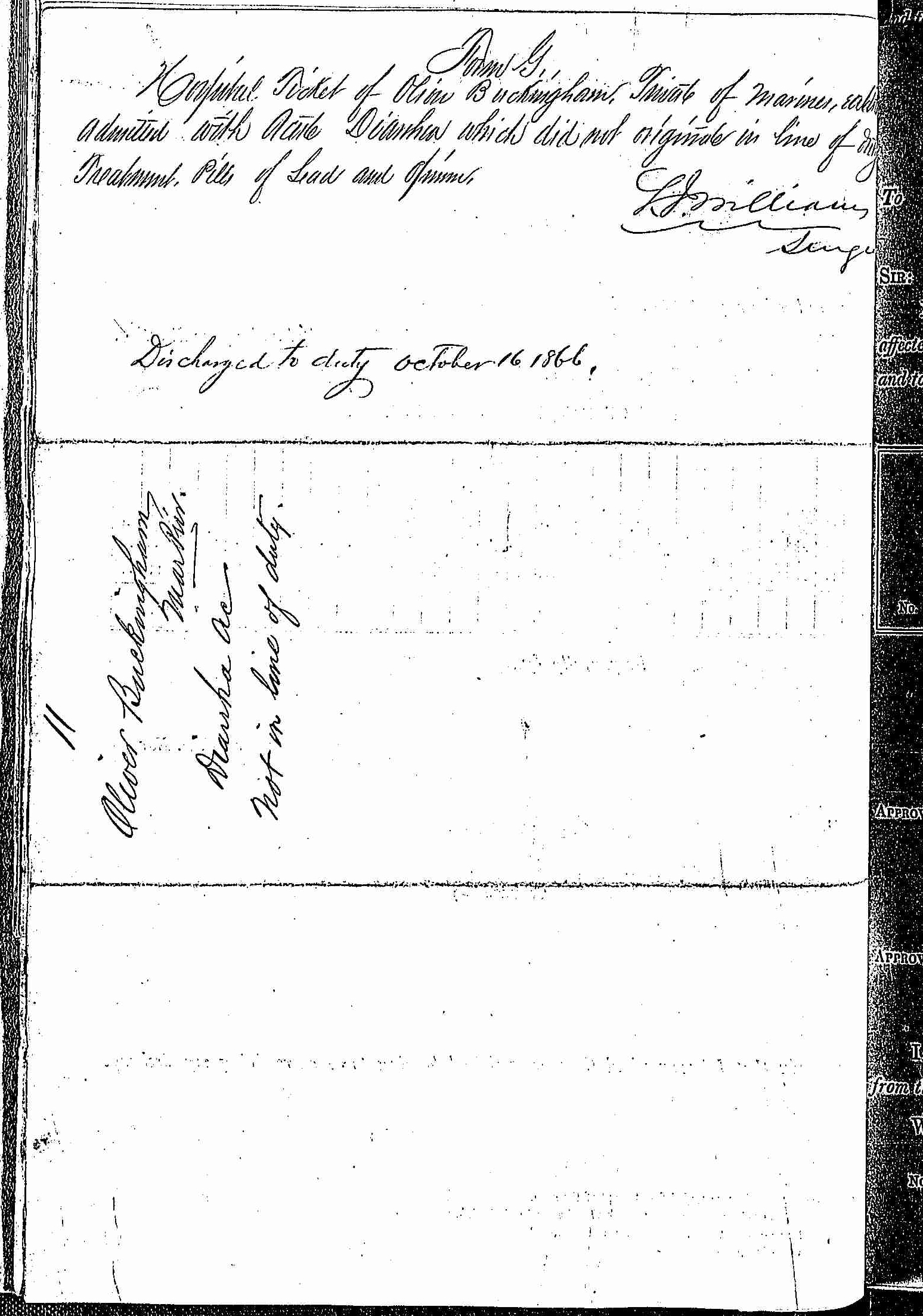 Entry for Oliver Buckingham (page 2 of 2) in the log Hospital Tickets and Case Papers - Naval Hospital - Washington, D.C. - 1865-68