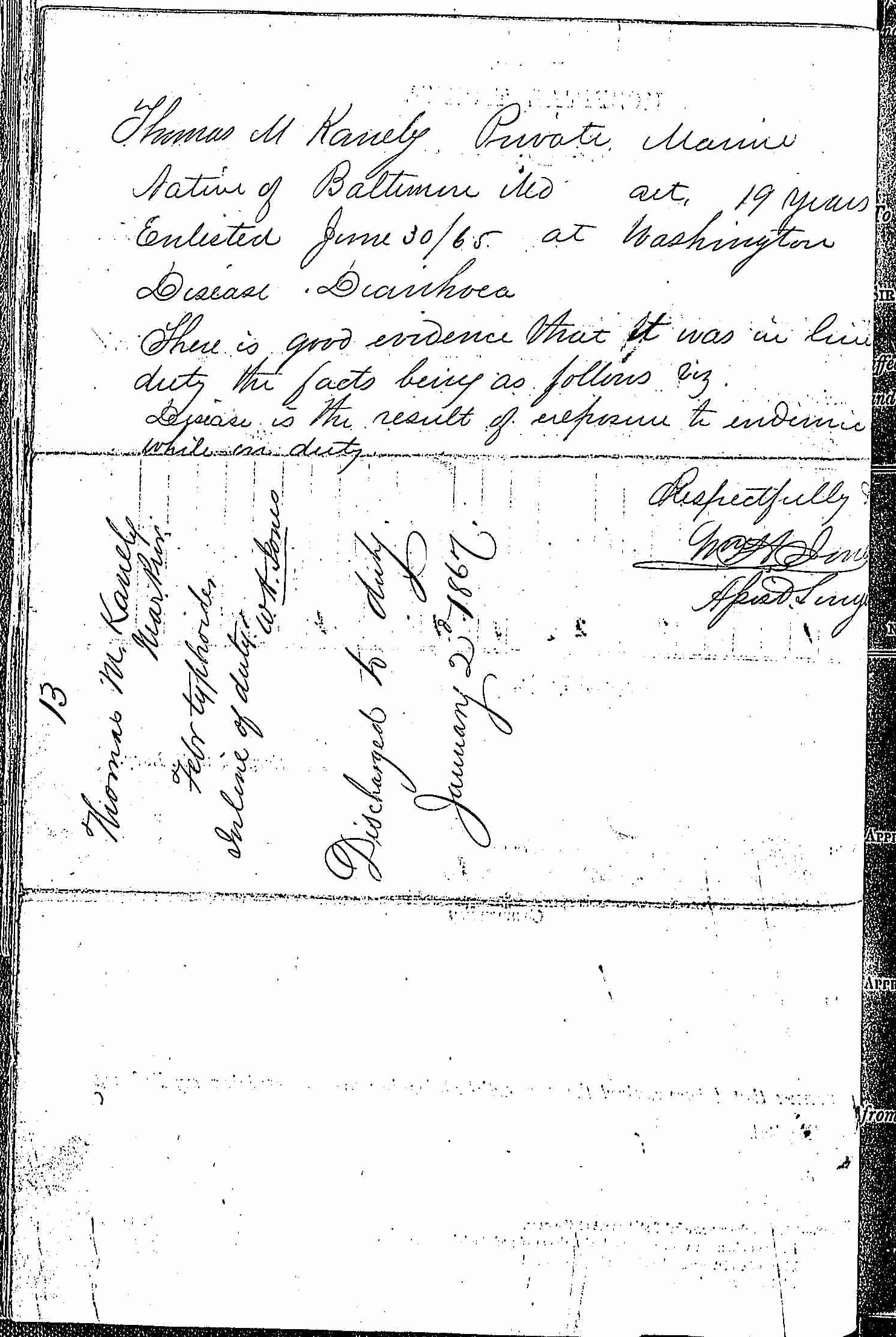 Entry for Thomas Kanely (page 2 of 2) in the log Hospital Tickets and Case Papers - Naval Hospital - Washington, D.C. - 1865-68