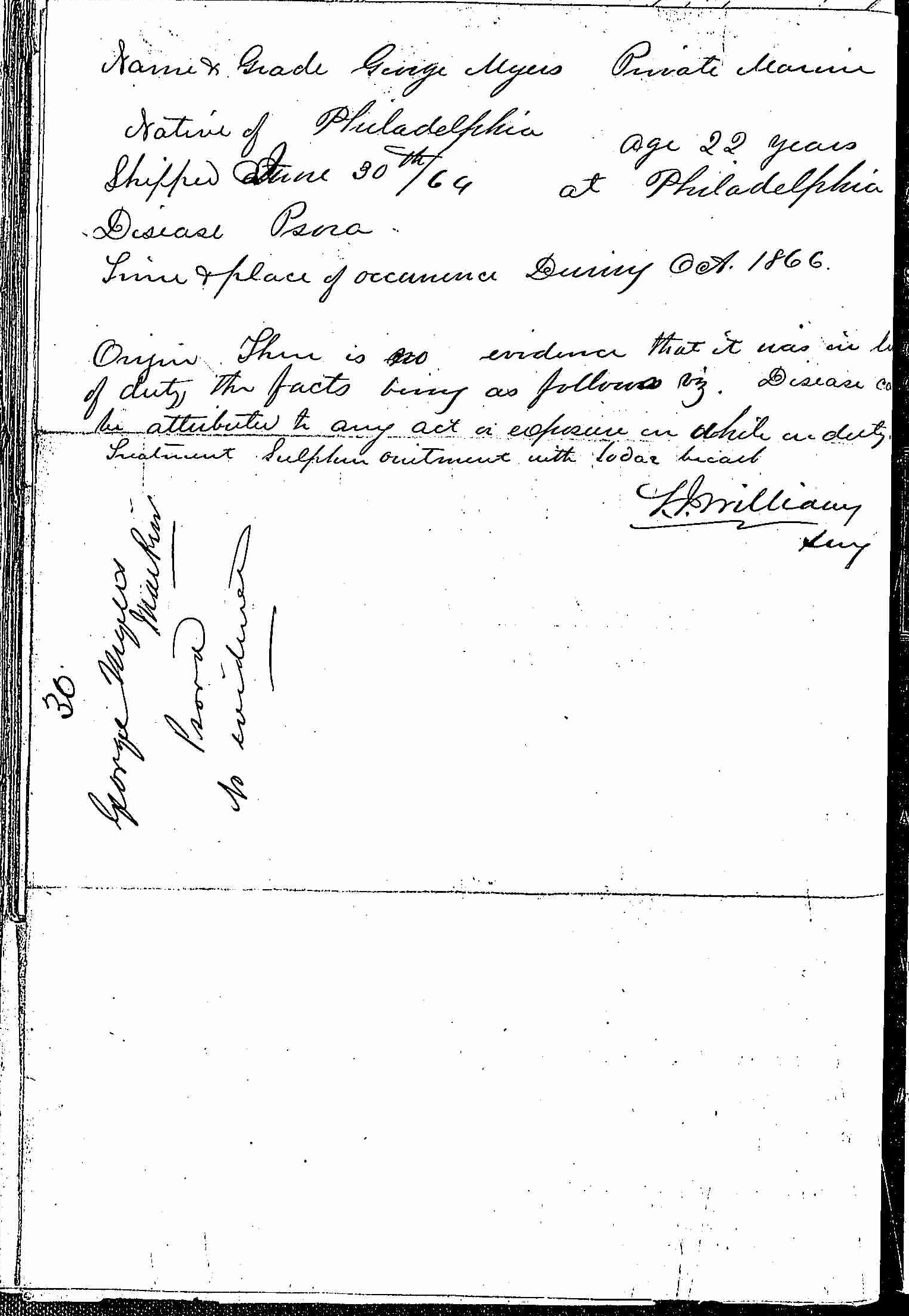 Entry for George Myers (page 2 of 2) in the log Hospital Tickets and Case Papers - Naval Hospital - Washington, D.C. - 1865-68