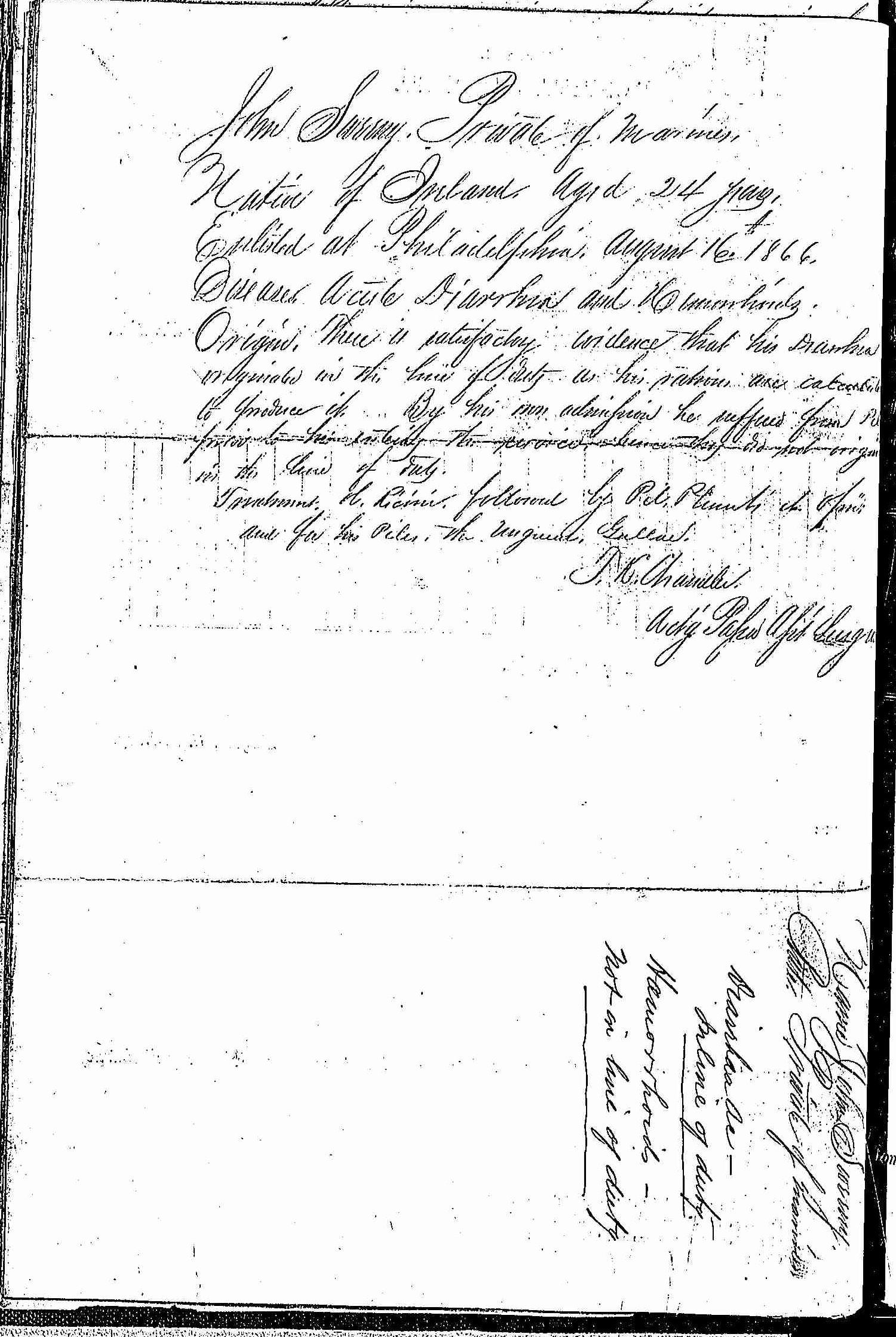 Entry for John Sweeny (page 2 of 2) in the log Hospital Tickets and Case Papers - Naval Hospital - Washington, D.C. - 1865-68
