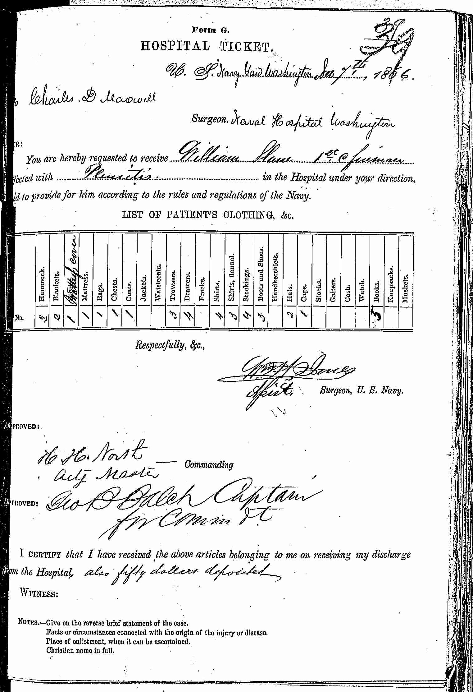 Entry for William Lane (page 1 of 2) in the log Hospital Tickets and Case Papers - Naval Hospital - Washington, D.C. - 1865-68