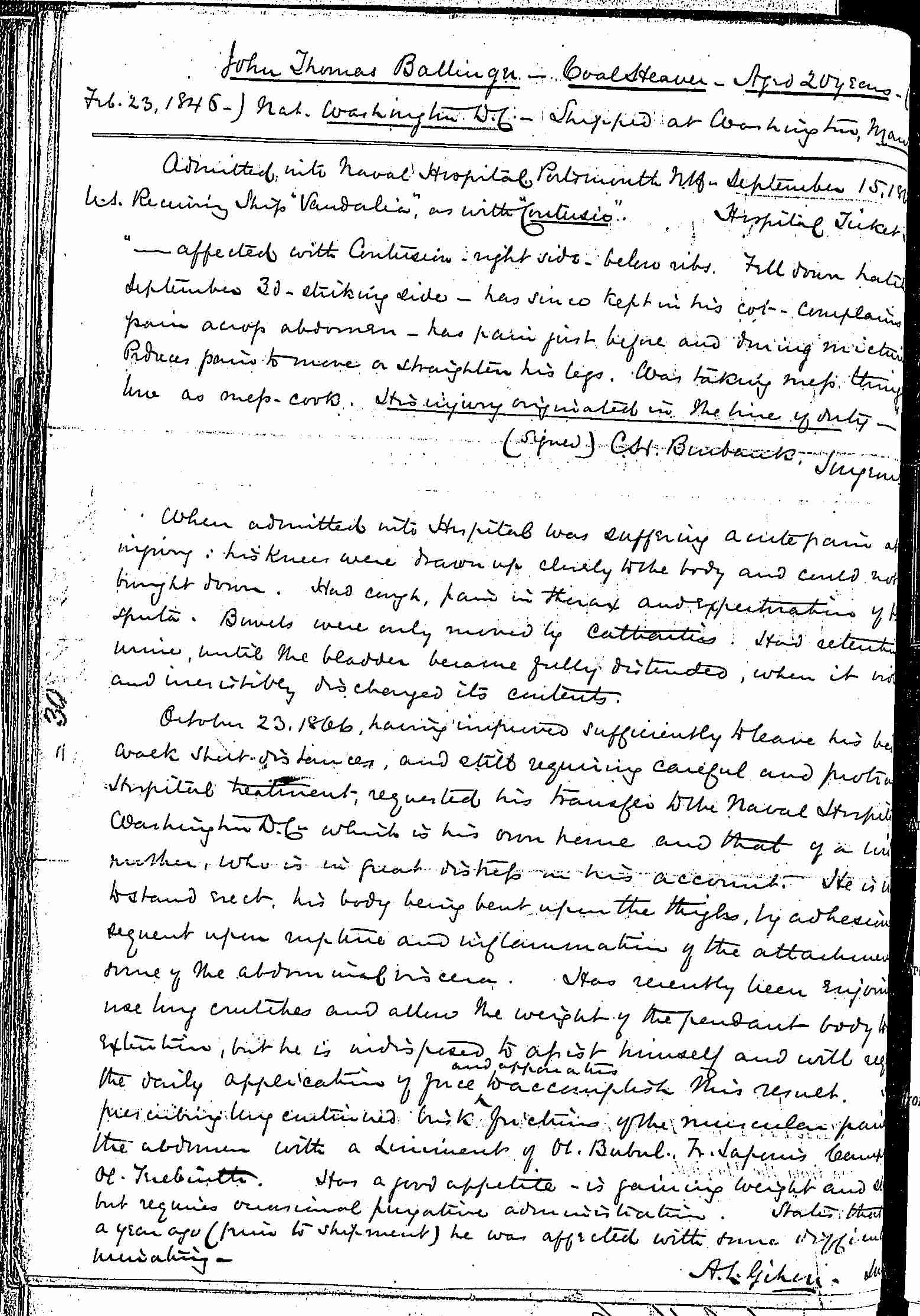 Entry for John Thomas Ballinger (page 2 of 2) in the log Hospital Tickets and Case Papers - Naval Hospital - Washington, D.C. - 1865-68
