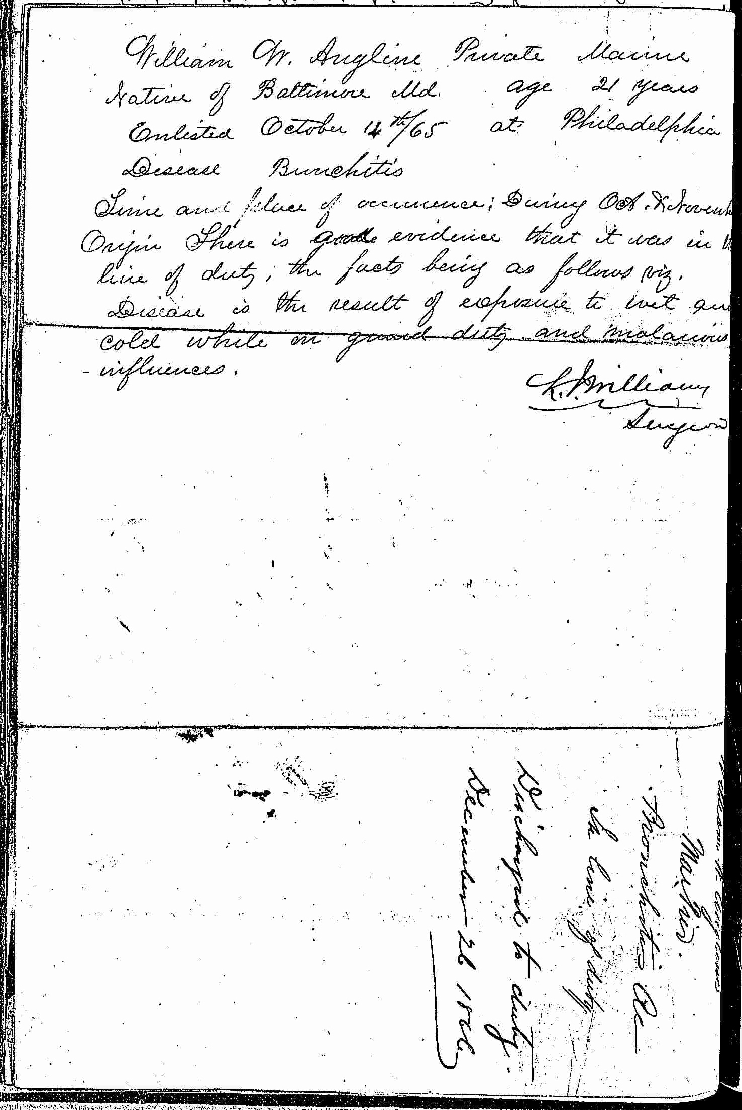 Entry for William W. Angline (first admission page 2 of 2) in the log Hospital Tickets and Case Papers - Naval Hospital - Washington, D.C. - 1865-68