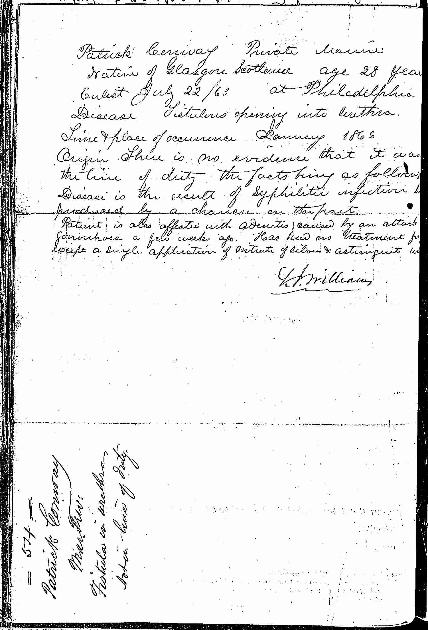 Entry for Patrick Conway (page 2 of 2) in the log Hospital Tickets and Case Papers - Naval Hospital - Washington, D.C. - 1865-68