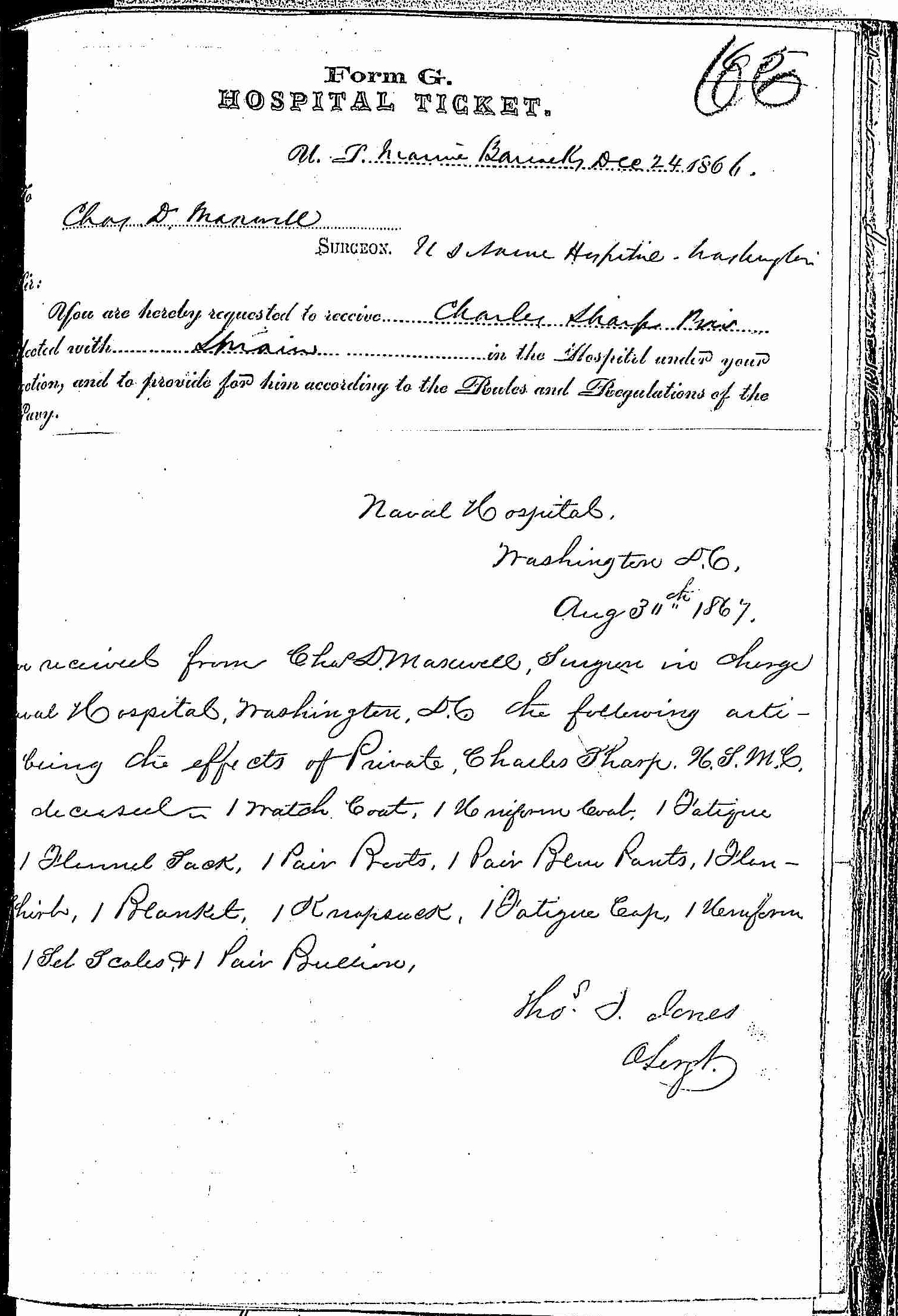 Entry for Charles Sharp (page 1 of 2) in the log Hospital Tickets and Case Papers - Naval Hospital - Washington, D.C. - 1865-68