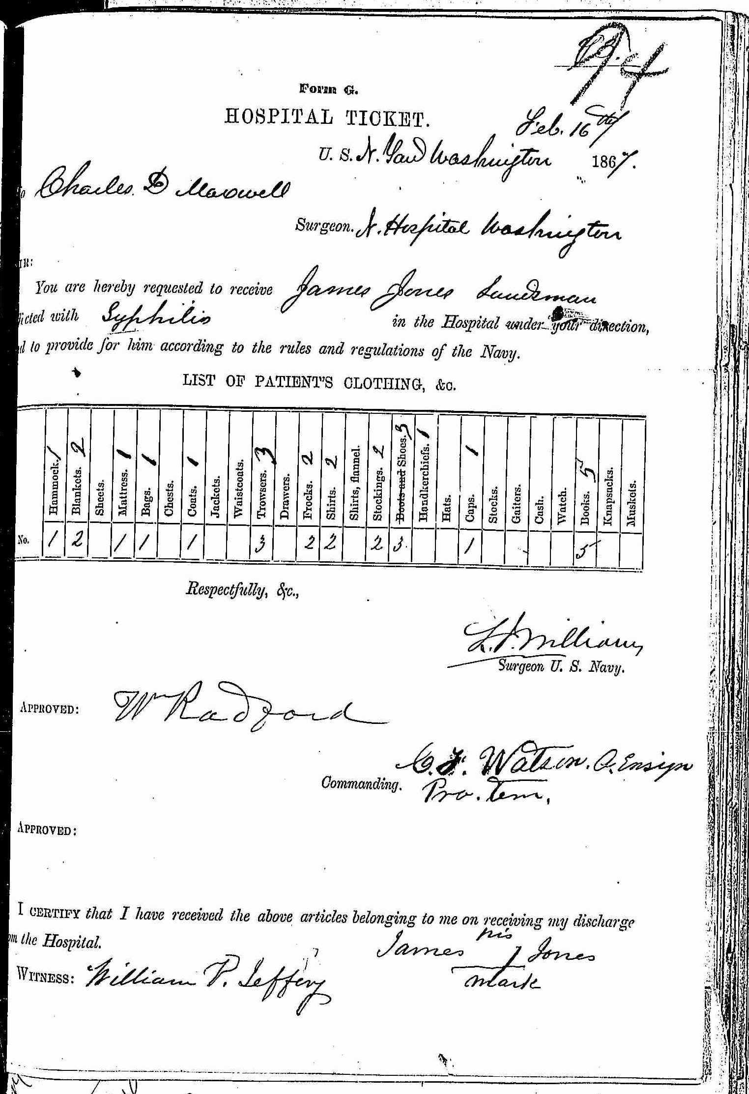 Entry for James Jones (page 1 of 2) in the log Hospital Tickets and Case Papers - Naval Hospital - Washington, D.C. - 1865-68