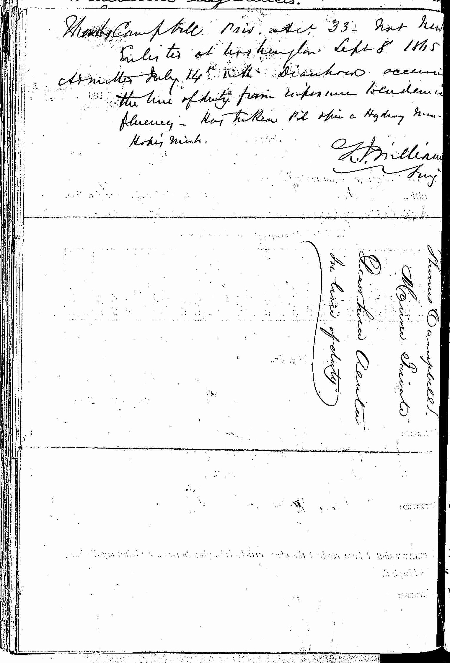 Entry for Thomas Campbell (first admission page 2 of 2) in the log Hospital Tickets and Case Papers - Naval Hospital - Washington, D.C. - 1866-68