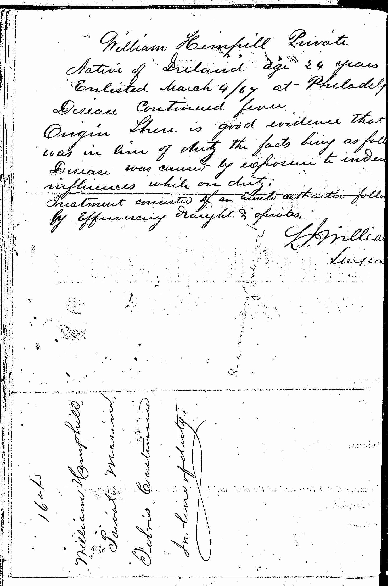Entry for William Hempill (first admission page 2 of 2) in the log Hospital Tickets and Case Papers - Naval Hospital - Washington, D.C. - 1866-68