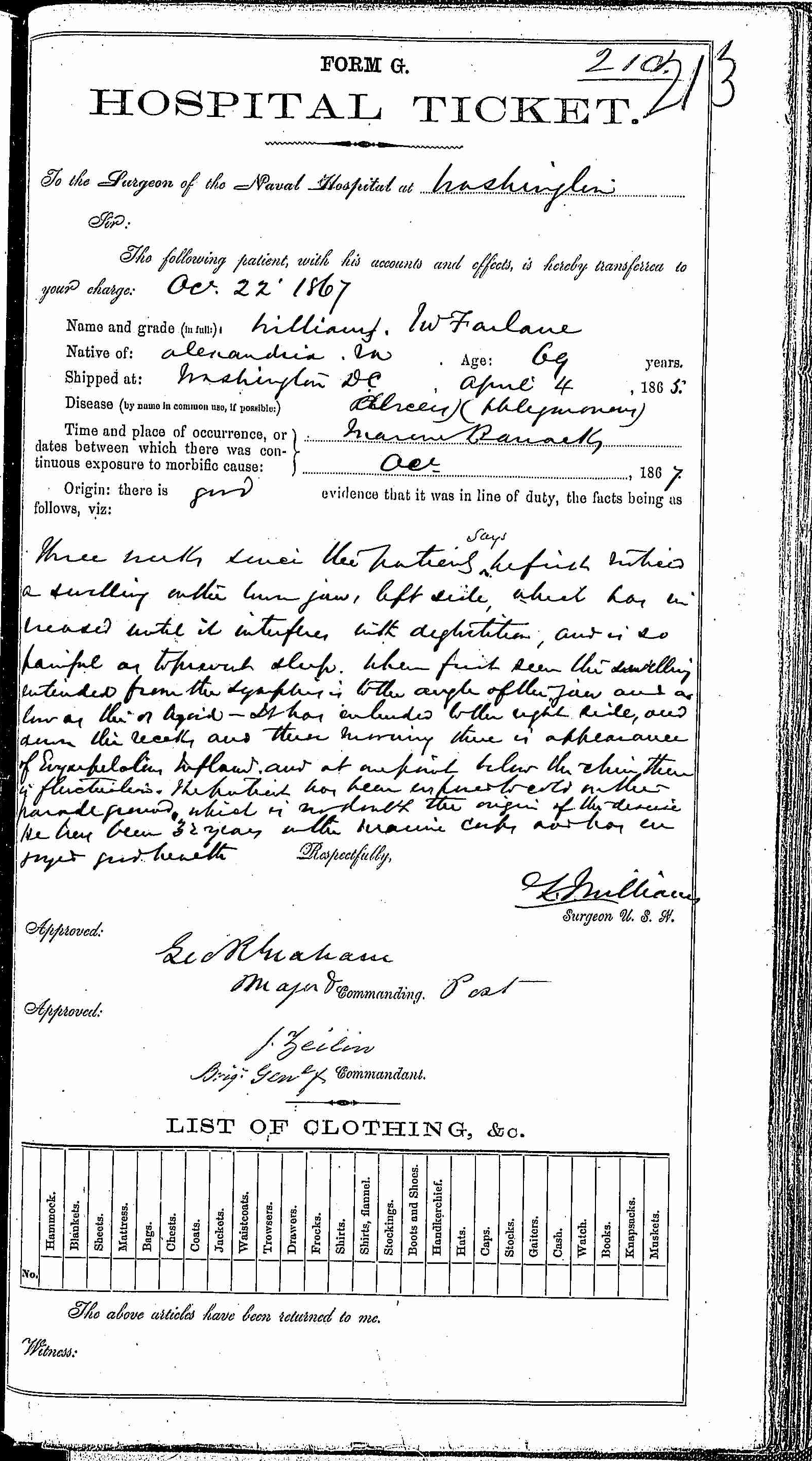 Entry for William McFarlane (page 1 of 2) in the log Hospital Tickets and Case Papers - Naval Hospital - Washington, D.C. - 1866-68