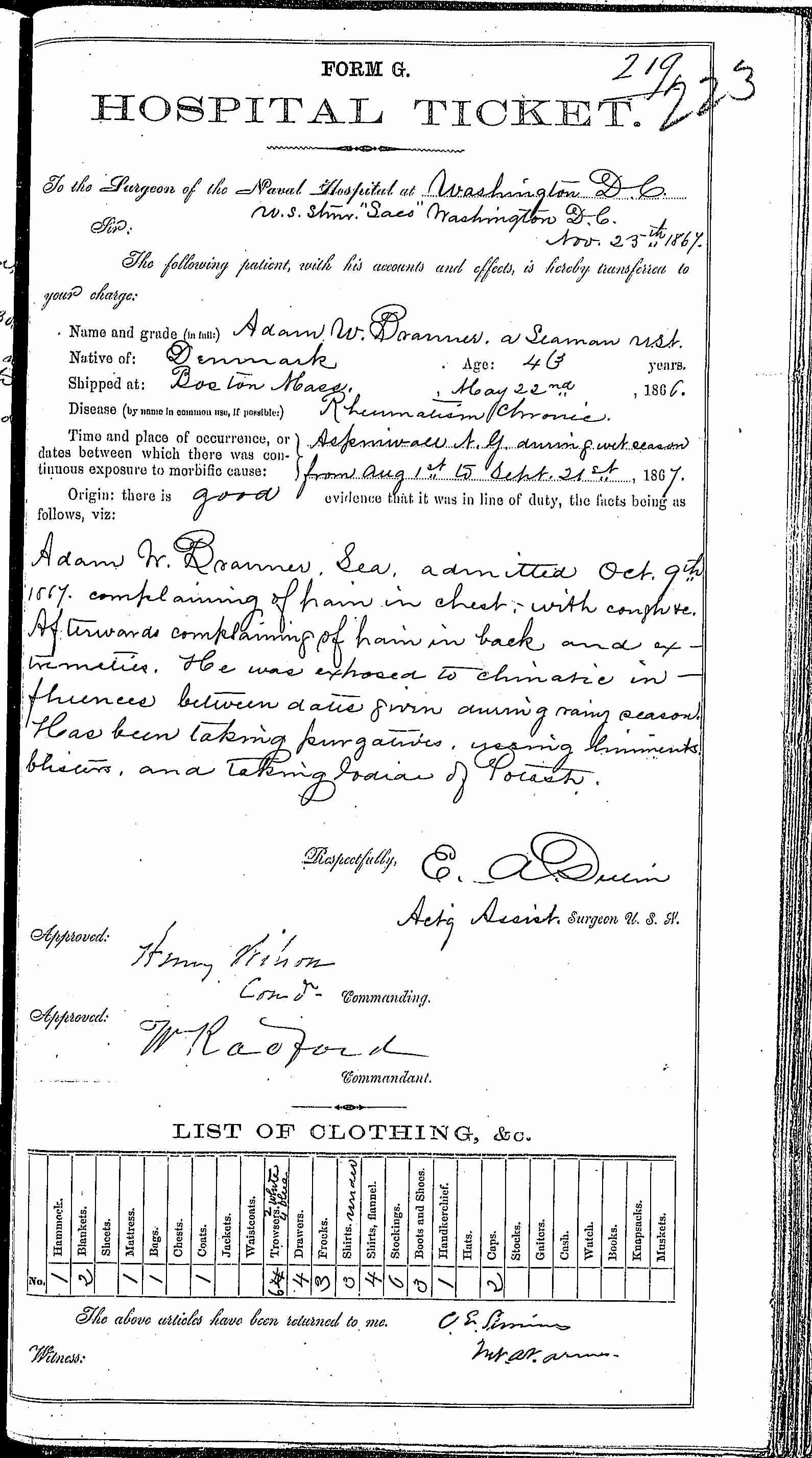 Entry for Adam M. Branner (page 1 of 2) in the log Hospital Tickets and Case Papers - Naval Hospital - Washington, D.C. - 1866-68
