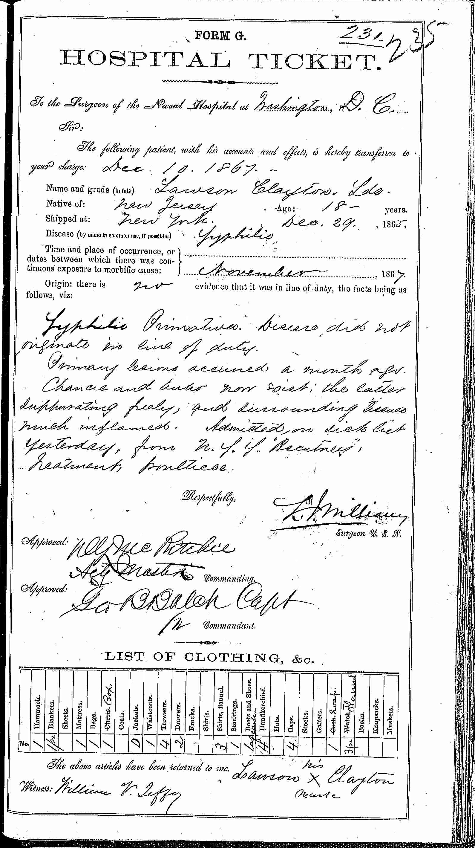 Entry for Lawson Clayton (page 1 of 2) in the log Hospital Tickets and Case Papers - Naval Hospital - Washington, D.C. - 1866-68
