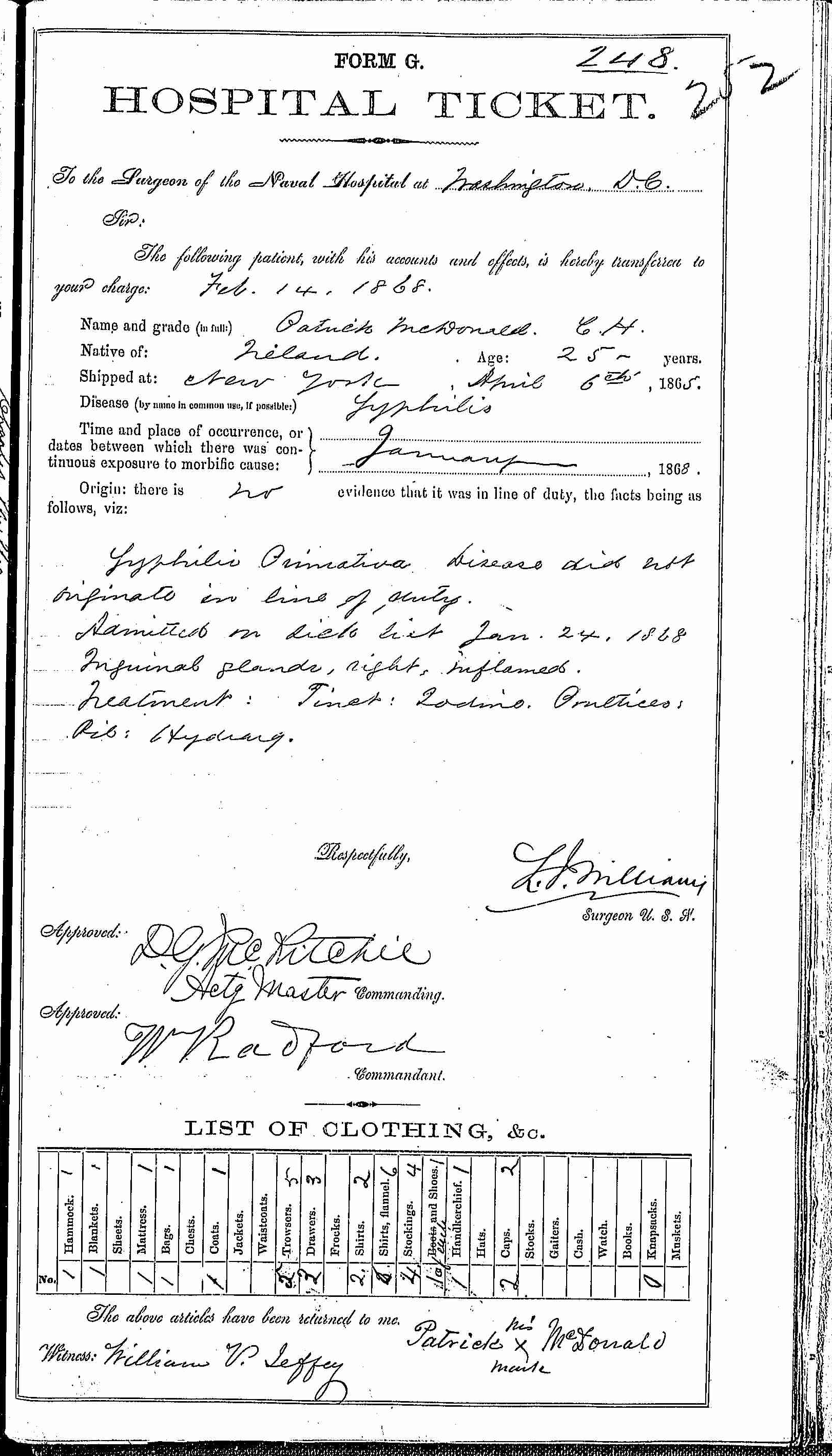 Entry for Patrick McDonald (page 1 of 2) in the log Hospital Tickets and Case Papers - Naval Hospital - Washington, D.C. - 1866-68