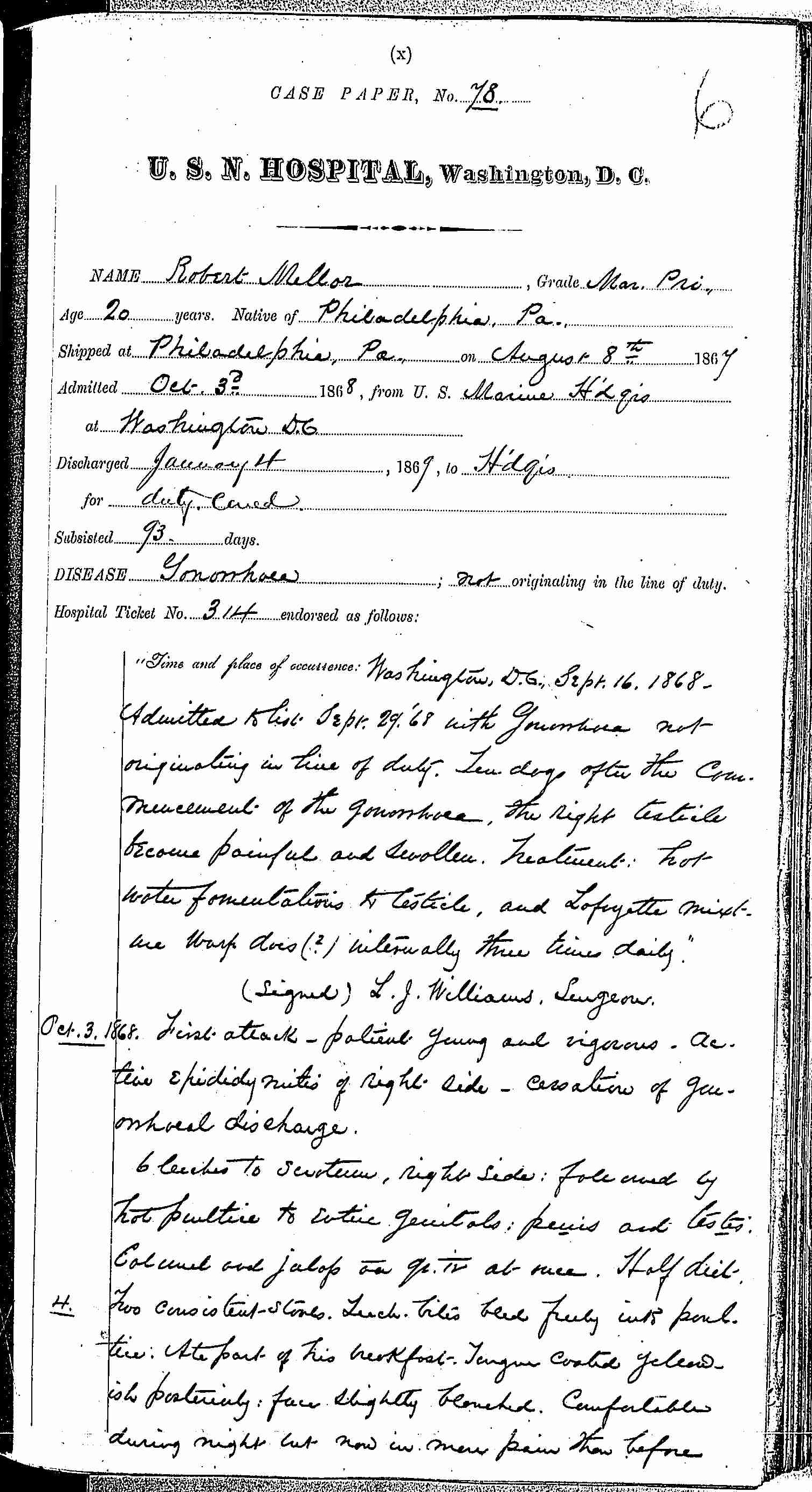 Entry for Robert Mellor (first admission page 1 of 9) in the log Hospital Tickets and Case Papers - Naval Hospital - Washington, D.C. - 1868-69