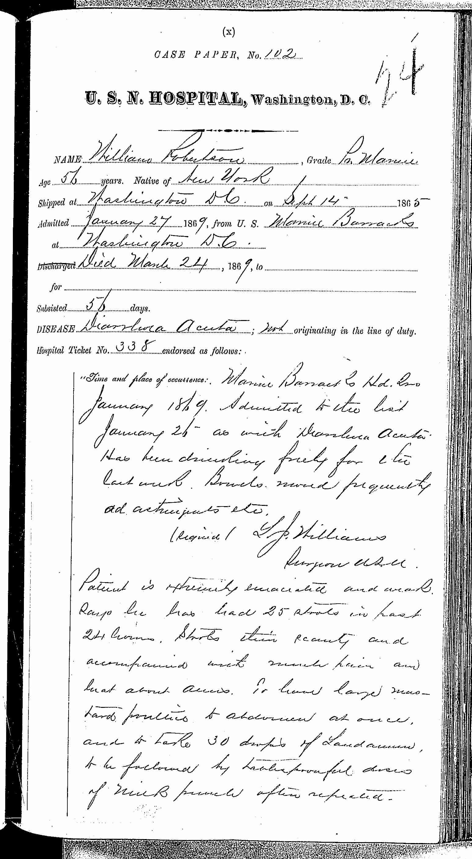 Entry for William Robertson (page 1 of 5) in the log Hospital Tickets and Case Papers - Naval Hospital - Washington, D.C. - 1868-69