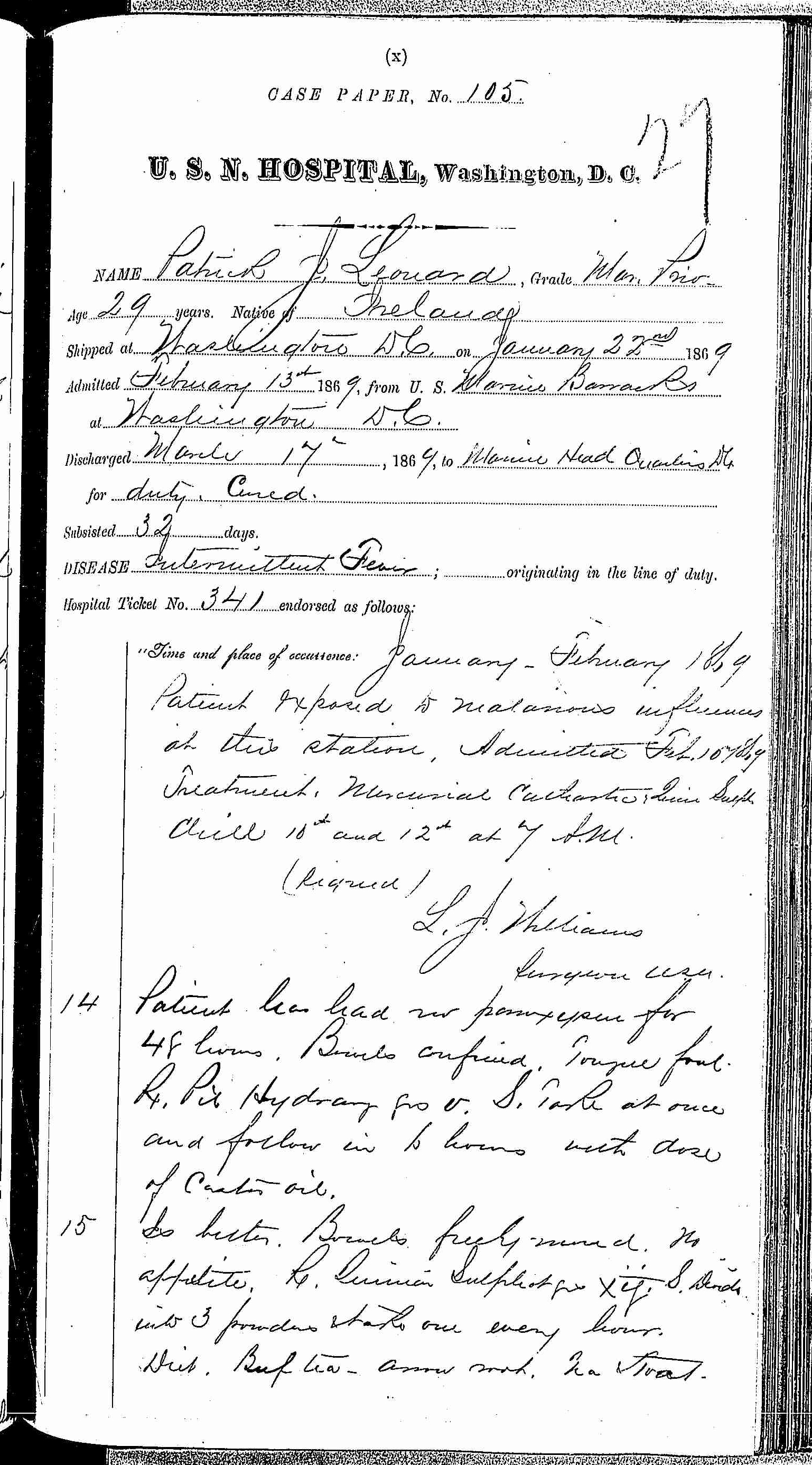 Entry for Patrick J. Leonard (page 1 of 3) in the log Hospital Tickets and Case Papers - Naval Hospital - Washington, D.C. - 1868-69
