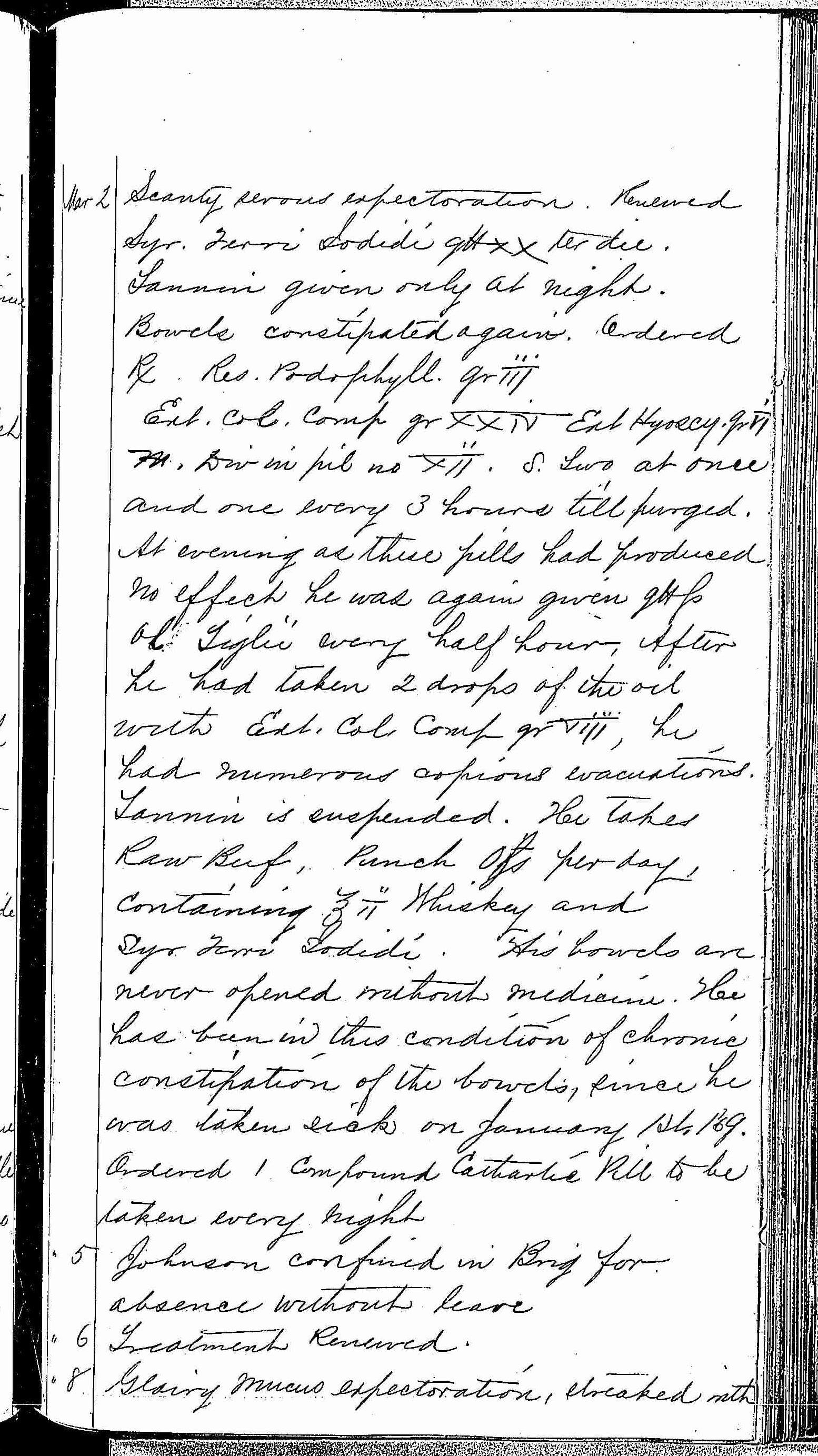 Entry for Charles Johnson (page 5 of 15) in the log Hospital Tickets and Case Papers - Naval Hospital - Washington, D.C. - 1868-69