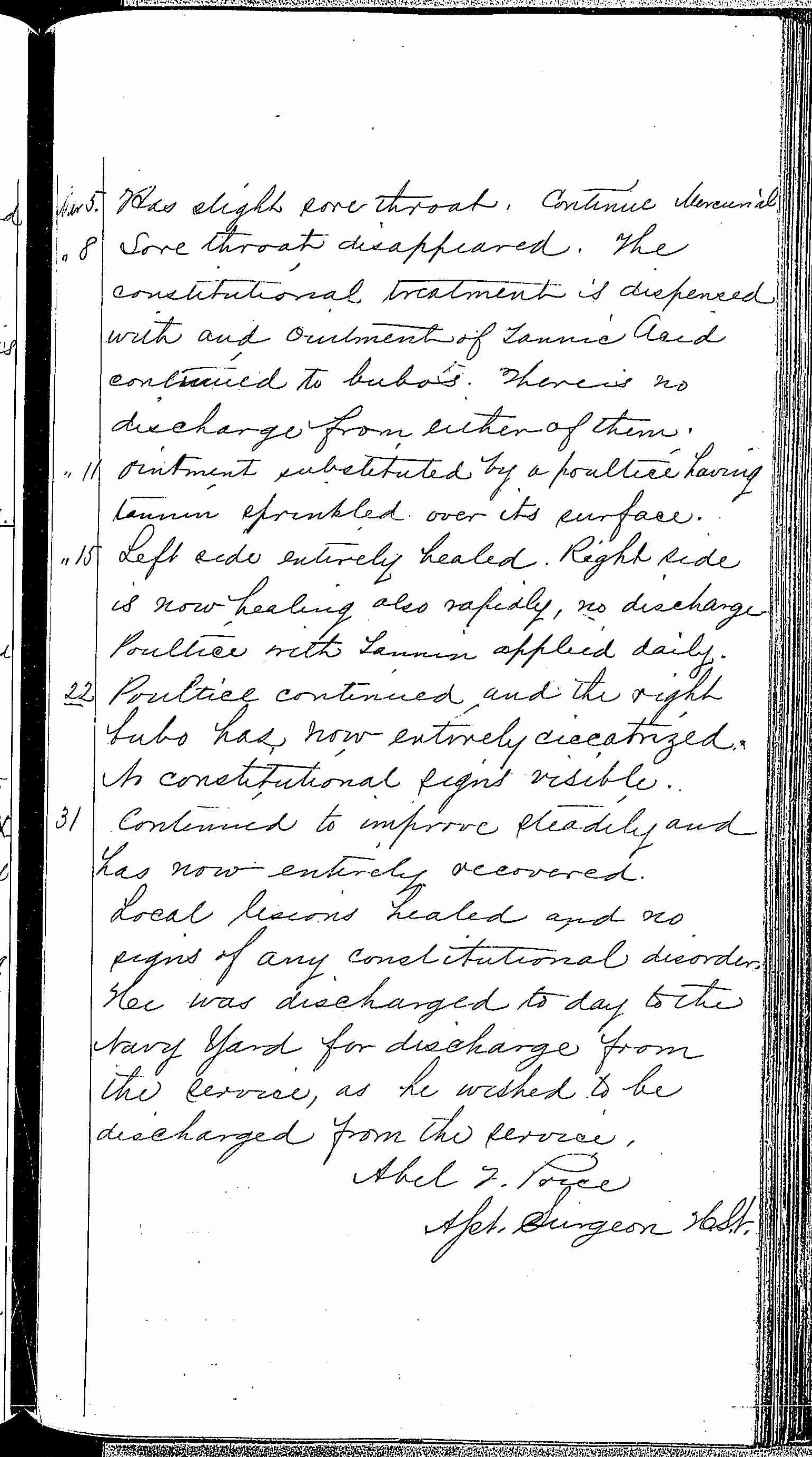 Entry for Lorenzo Parker (page 3 of 3) in the log Hospital Tickets and Case Papers - Naval Hospital - Washington, D.C. - 1868-69