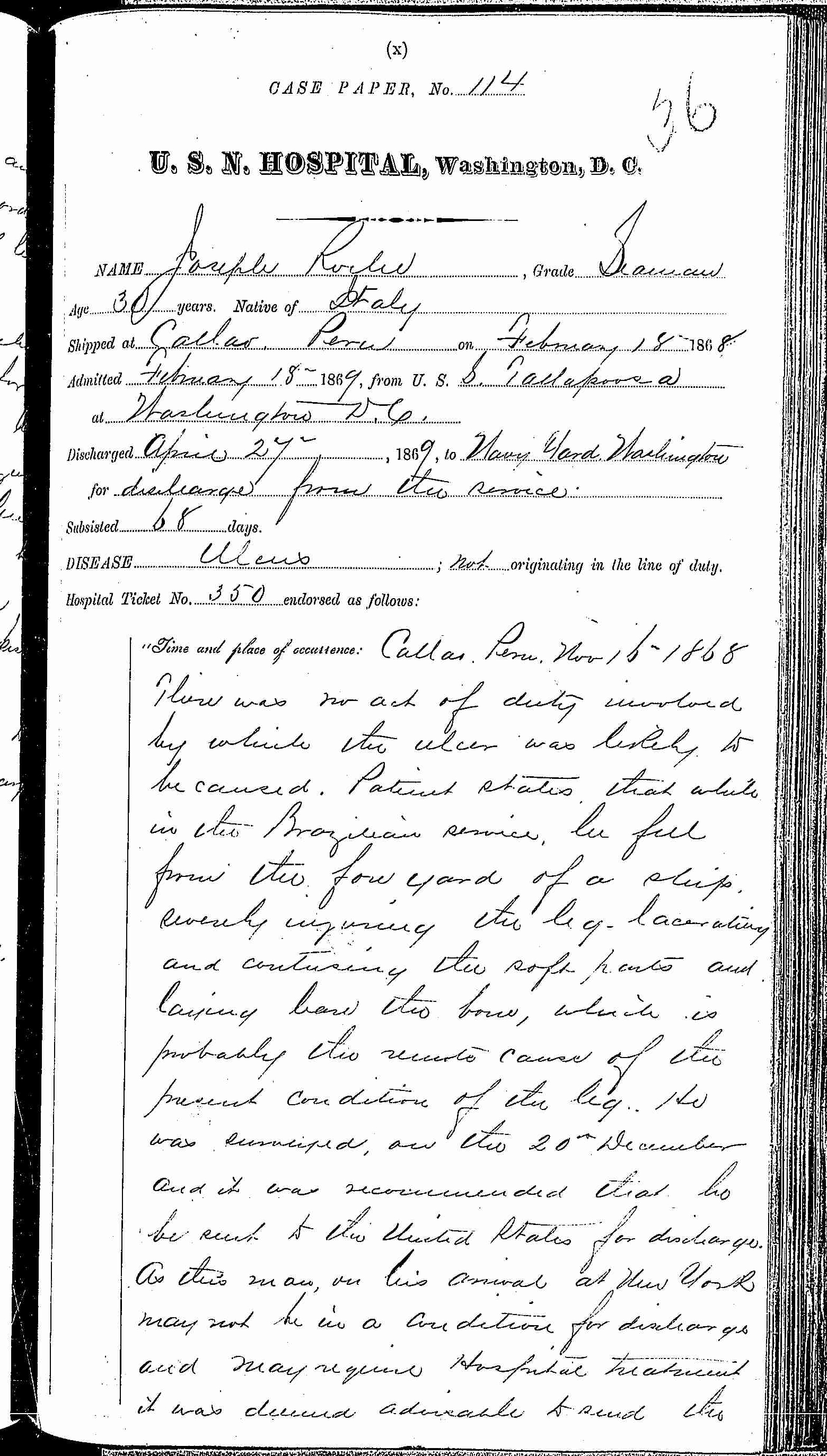 Entry for Joseph Poiler (page 1 of 3) in the log Hospital Tickets and Case Papers - Naval Hospital - Washington, D.C. - 1868-69