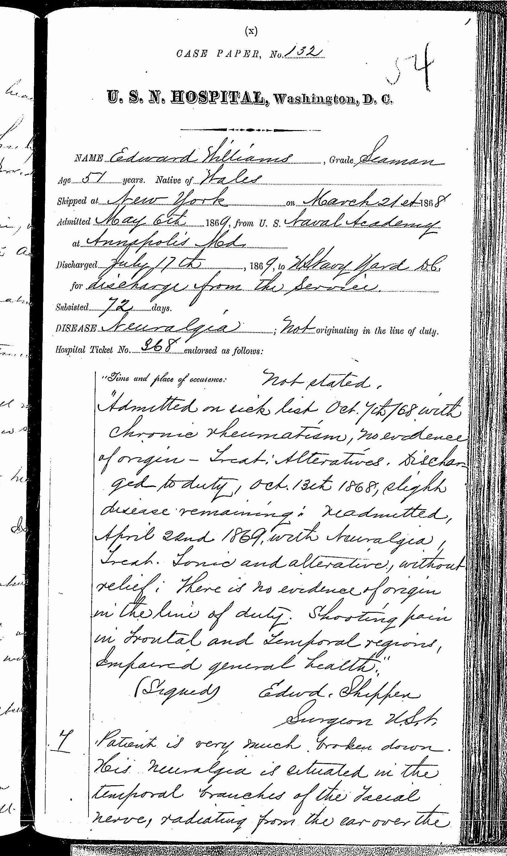 Entry for Edward Williams (page 1 of 6) in the log Hospital Tickets and Case Papers - Naval Hospital - Washington, D.C. - 1868-69
