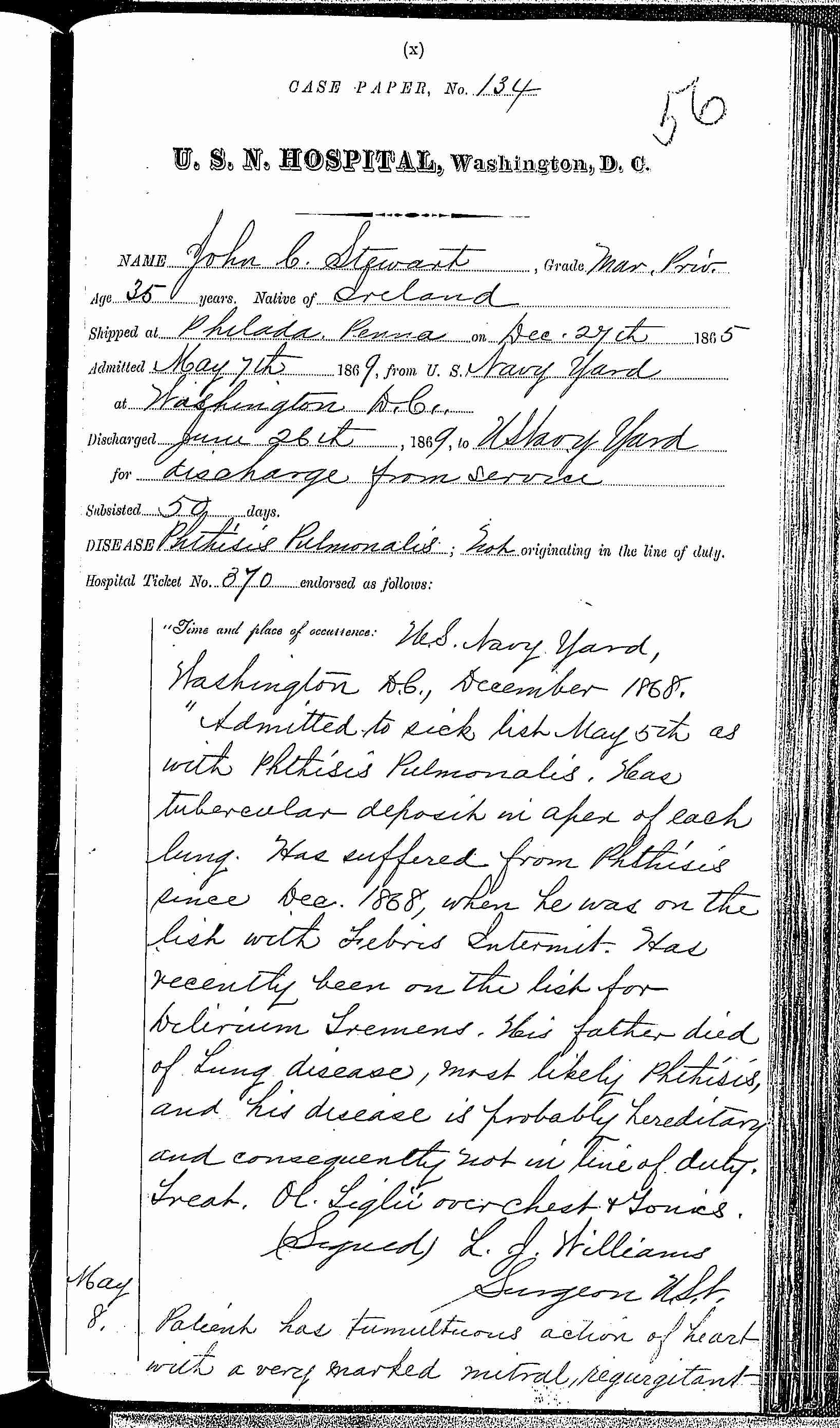 Entry for John G. Stewart (page 1 of 6) in the log Hospital Tickets and Case Papers - Naval Hospital - Washington, D.C. - 1868-69