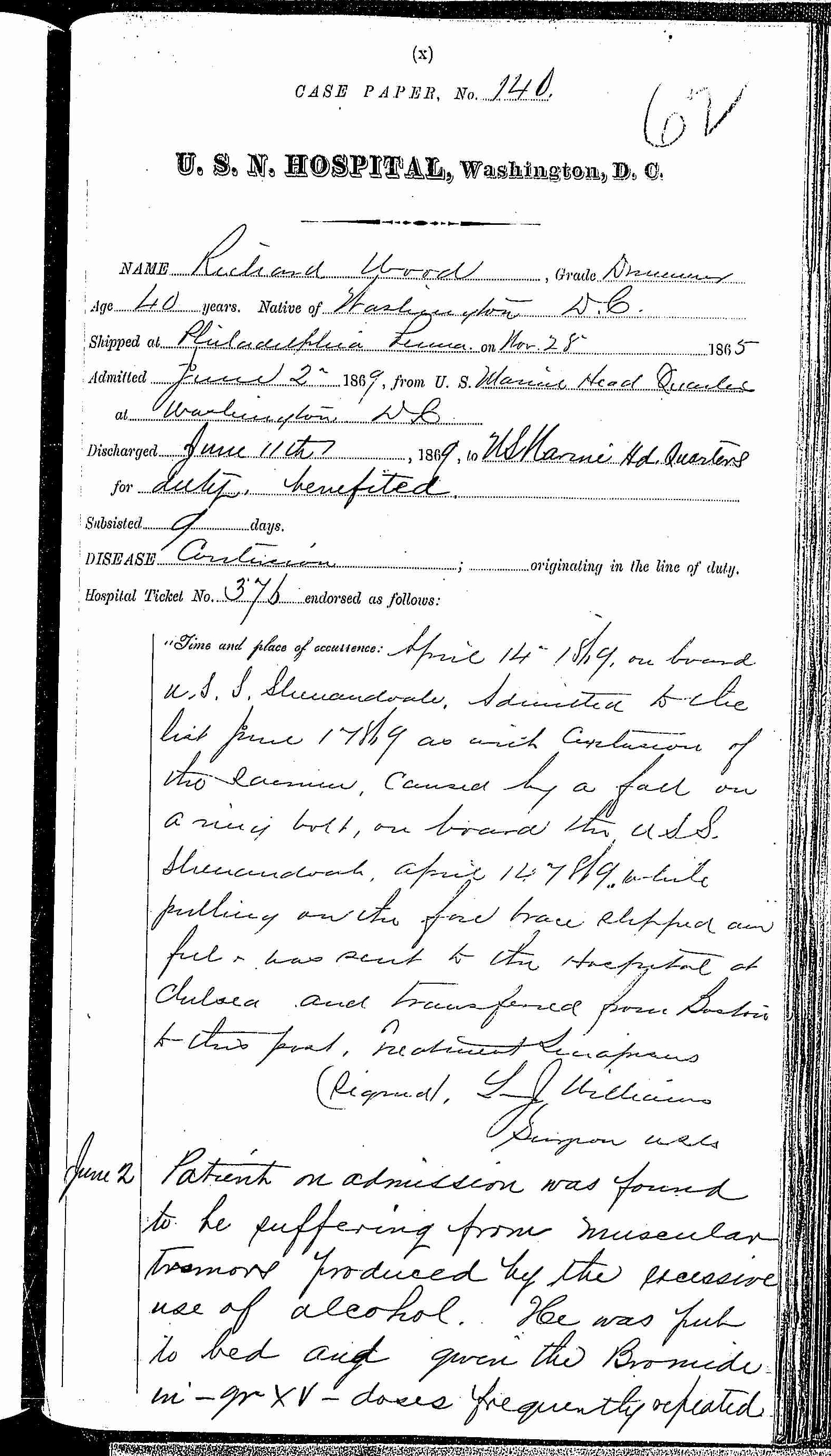 Entry for Richard Wood (page 1 of 2) in the log Hospital Tickets and Case Papers - Naval Hospital - Washington, D.C. - 1868-69