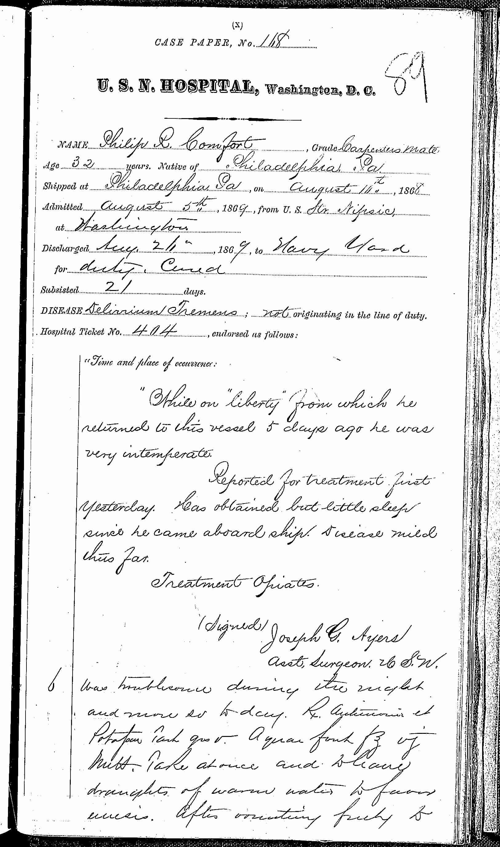 Entry for Philip R. Comfort (page 1 of 3) in the log Hospital Tickets and Case Papers - Naval Hospital - Washington, D.C. - 1868-69