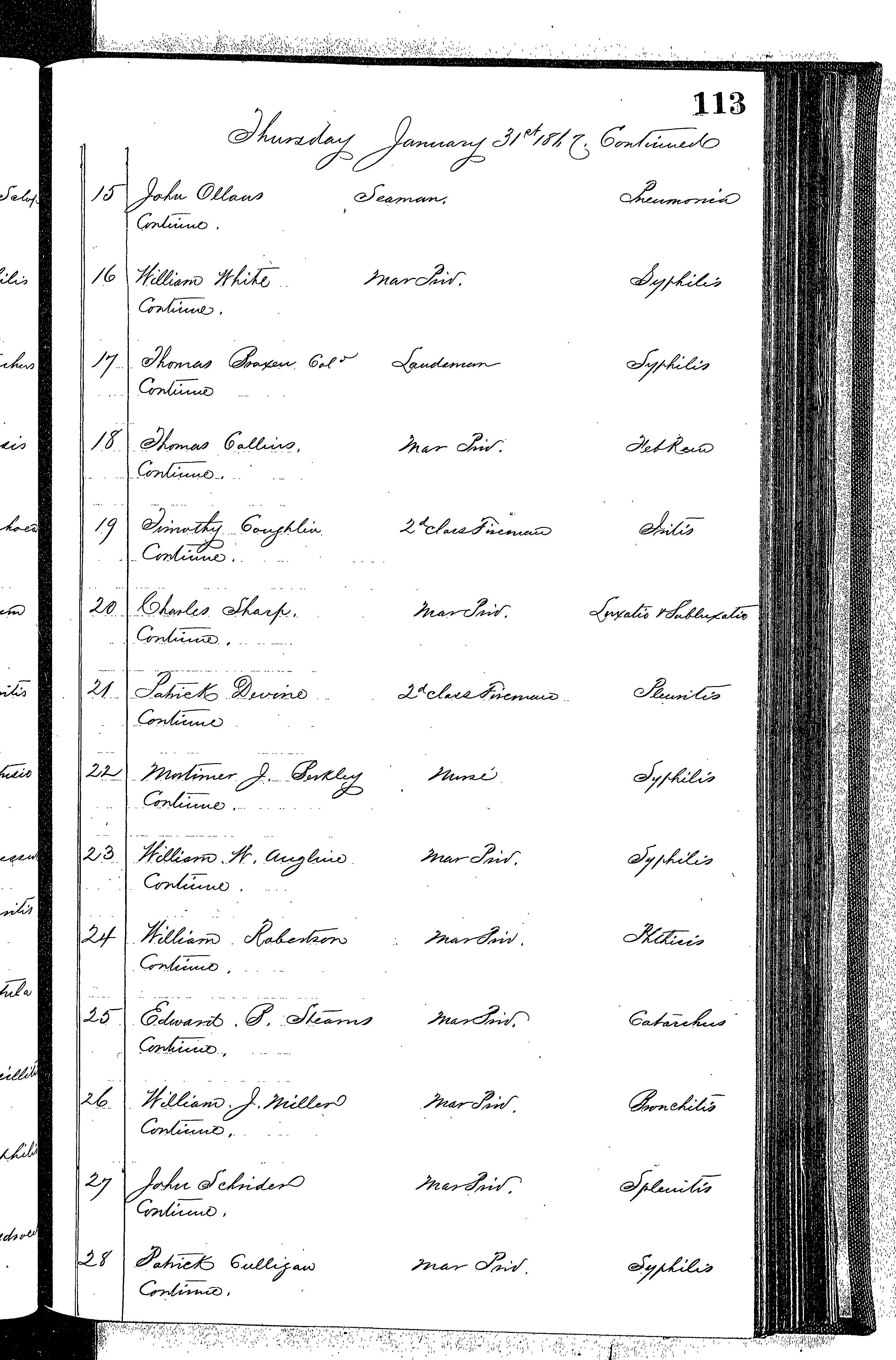 Patients in the Naval Hospital, Washington DC, on January 31, 1867 - Page 2 of 3, in the Medical Journal, October 1, 1866 to March 20, 1867