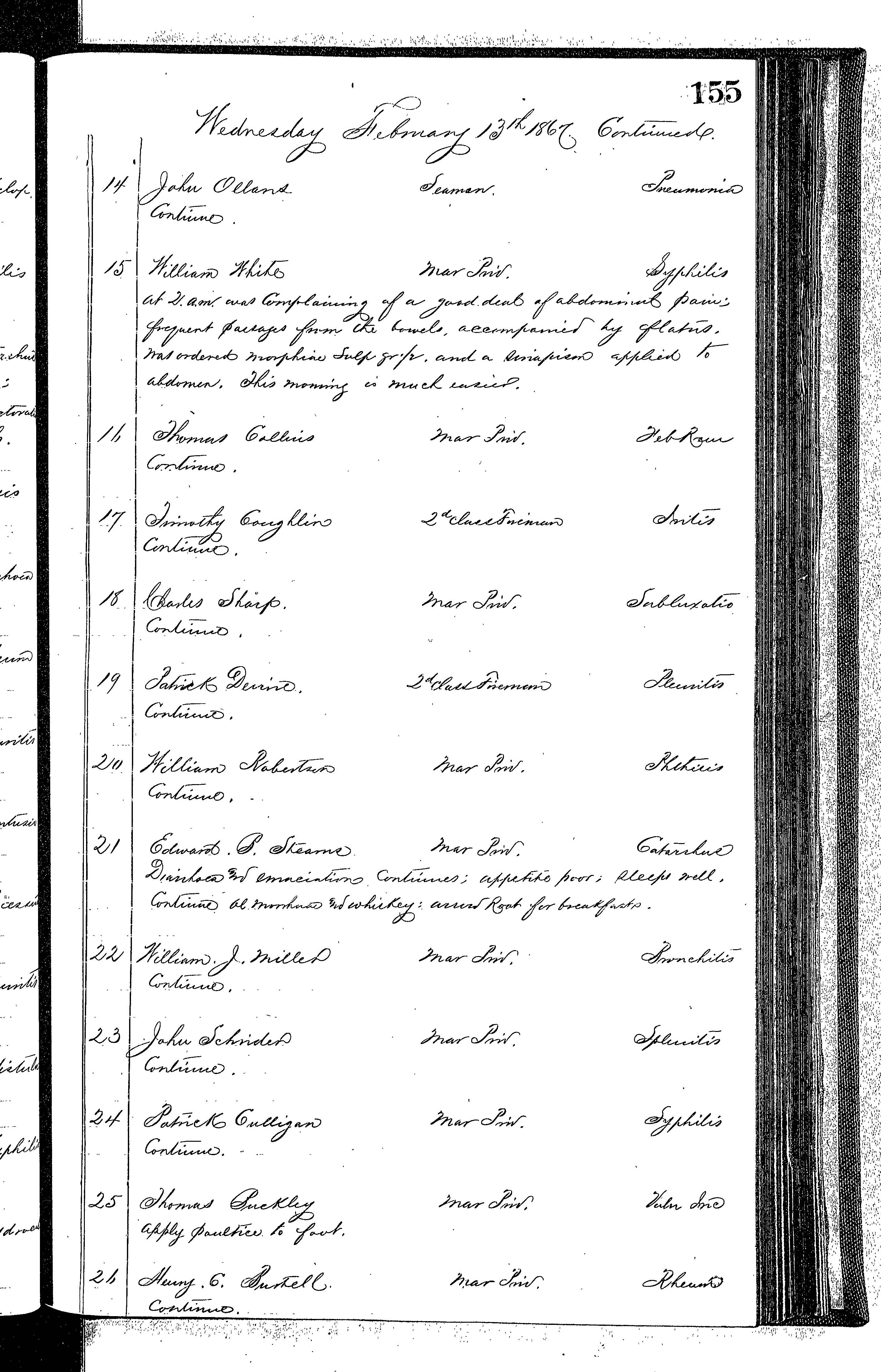 Patients in the Naval Hospital, Washington DC, on February 13, 1867 - Page 2 of 4, in the Medical Journal, October 1, 1866 to March 20, 1867