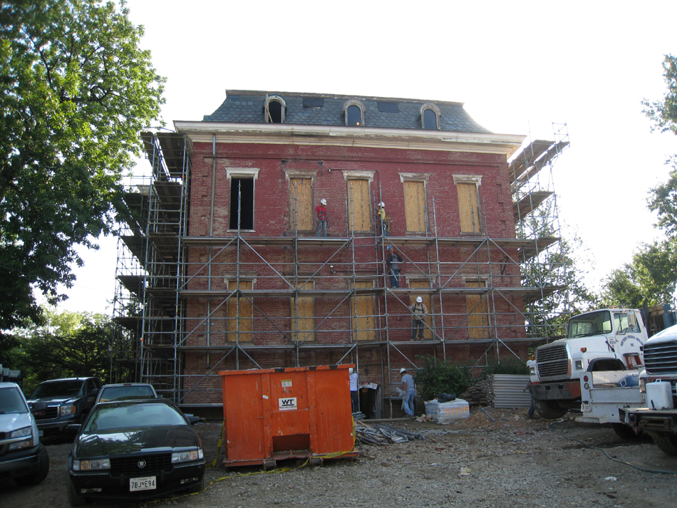 Elevation--West side, installing scaffolding