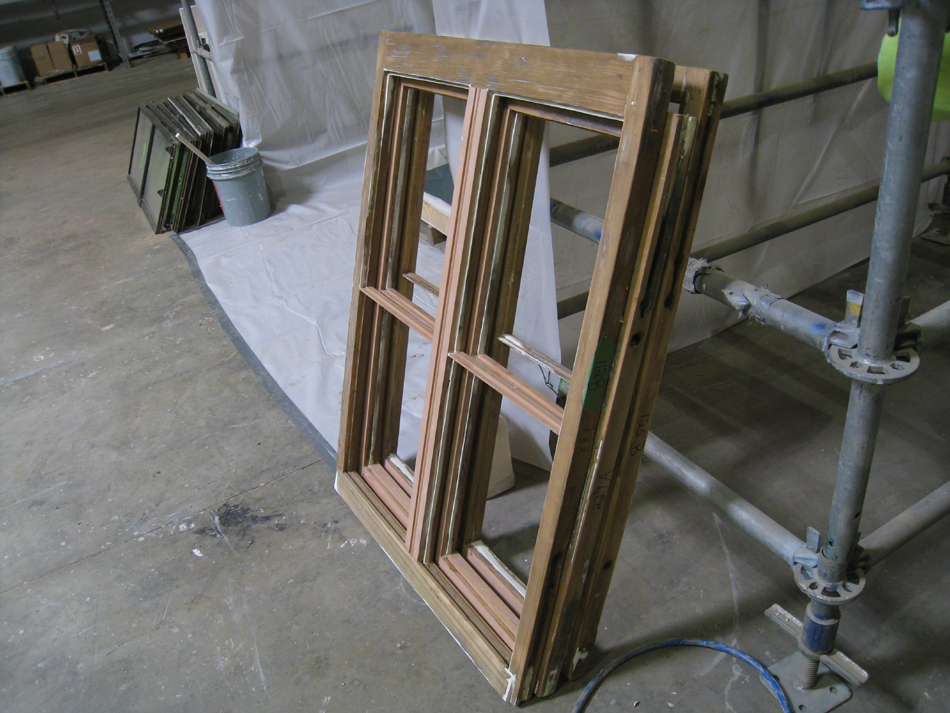 Doors and Windows -- SRS Corp. -- window sashes repaired and ready for preserative then priming (note repairs in Spanish cedar).