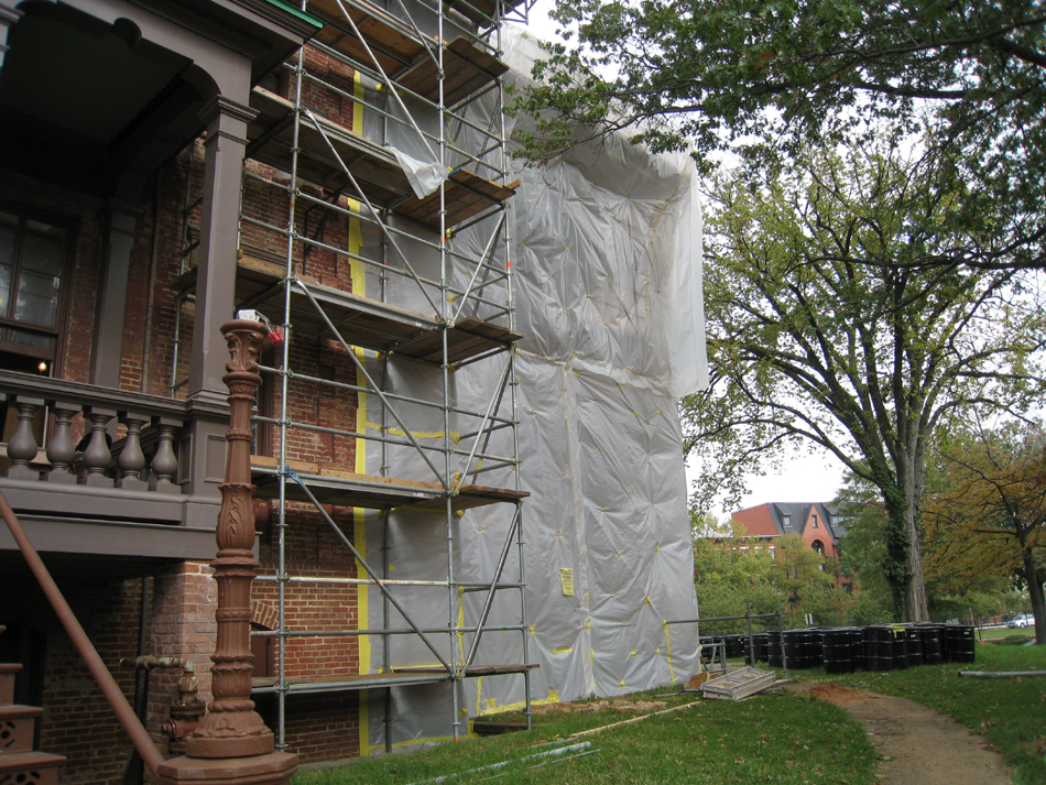 Elevation--South east corner during exterior paint removal by ice crystals blasting