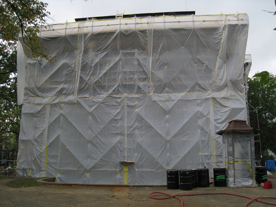 Elevation--East side during exterior paint removal by ice crystals blasting