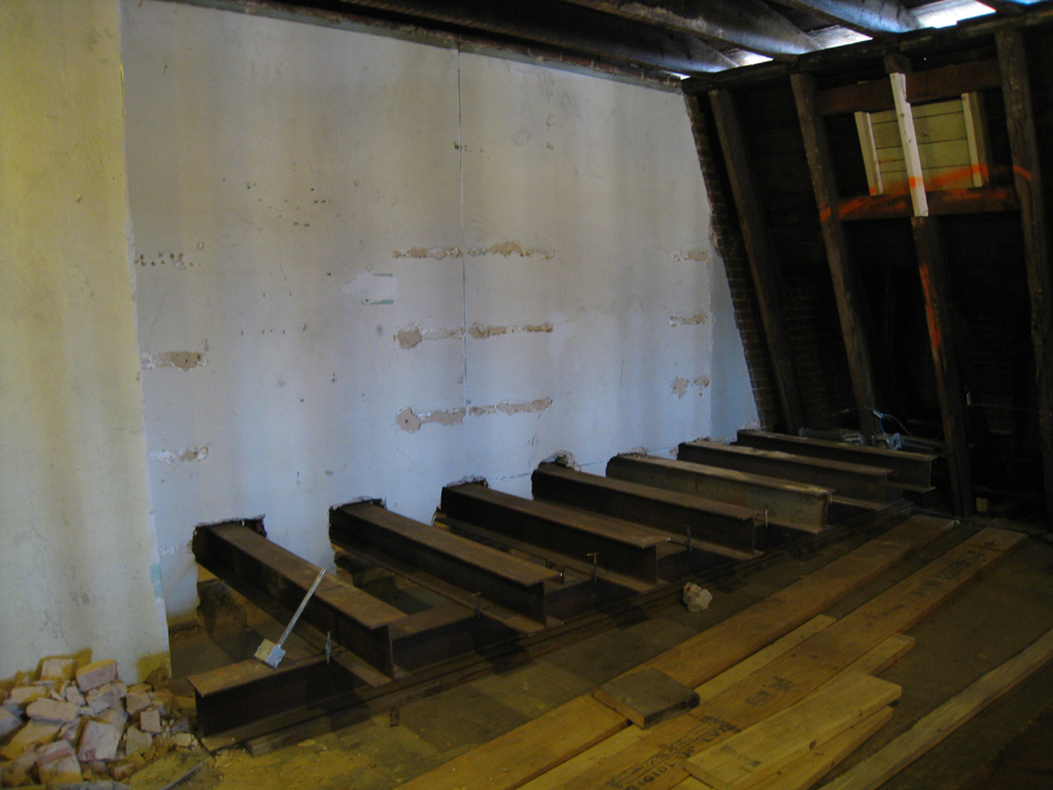Third Floor--Shoring on west side for wall to be removed on second floor