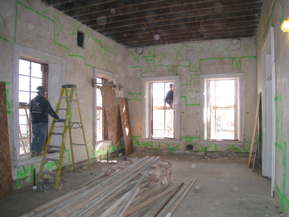 Second Floor--Northeast room--Preparing for plastering (green outlines to be removed, the rest just skimmed)