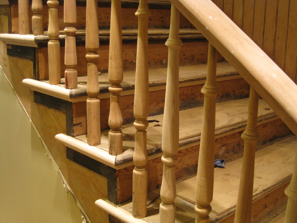Ground Floor--Main staircase railings, sanded, detail - June 2, 2011