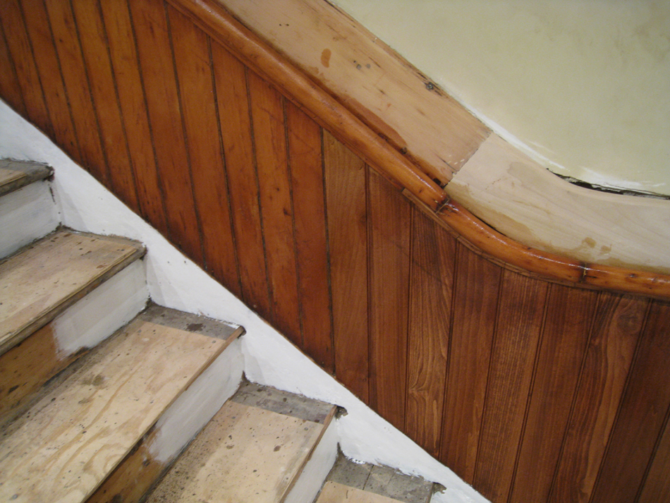 Ground Floor (Basement) --Main staircase partially refinished (detail) - June 10, 2011